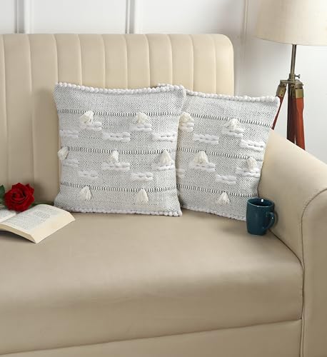 Image of TIB Premium Boho Decorative Throw Cushion Covers, 16 x 16 cm, Set of 2, Cotton. (Grey & White Line)-230 TC