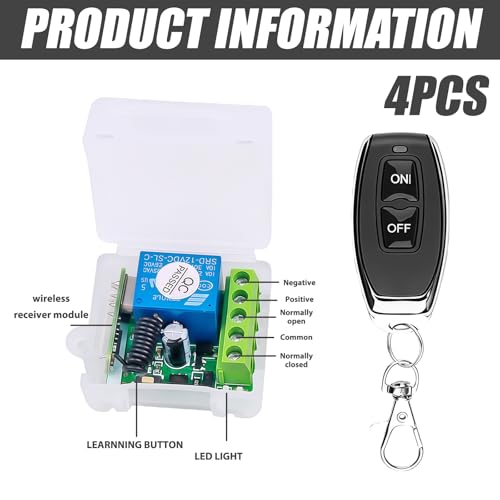 Miniatura 2 de Wiyety 12 V Mando A Distancia Interruptor: Relé Inalámbrico, 433 Mhz Interruptor Inalámbrico Con 4 Transmisores, Contactos Sin Potencial Relé Controlador Para Cerraduras De Puerta Enrollable, Luces