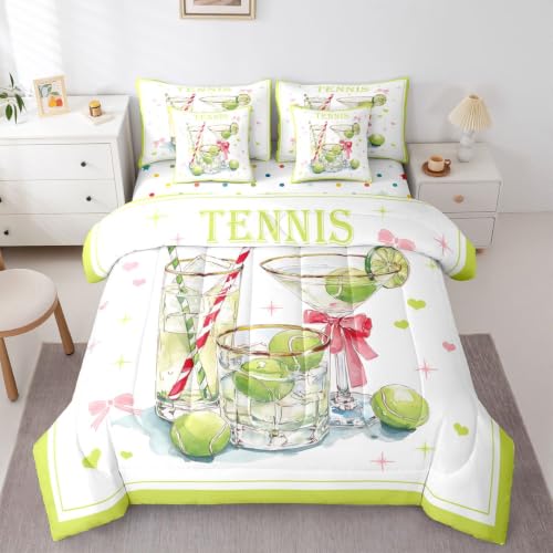 Castle Fairy Watercolor Tennis 7 Piece Comforter & Sheet Sets King Size,Ribbon Bow Print Bedding Set Love Star Glass Bed in a Bag Summer Sport Game Flat & Fitted Sheets,4 Pillow Covers