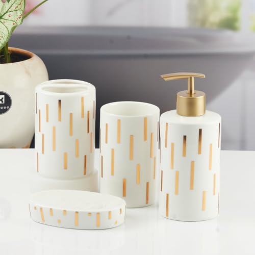 Image of Kookee Ceramic Bathroom Accessories Set of 4, Modern Bath Set with Liquid handwash Soap Dispenser and Toothbrush Holder, Luxury Gift Accessory for Home (11374)