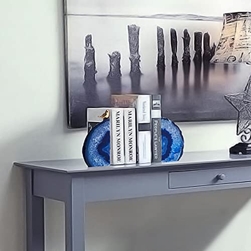 Yougoals Blue Agate Bookends For Shelves, Geode Crystal Book Ends For Heavy Books, Stone Decor With Rubber Bumpers 1 Pair 3-3.8Lbs Home Decorative Unique #TOP4