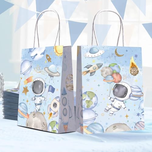 HAPPARTY 16PCS Blue Space Astronaut Party Gift Bags for Boy With Stickers 50PCS, First Trip Around the Sun Candy Treat Goodie Bags for Boy Two The Moon Birthday Baby Shower Decorations