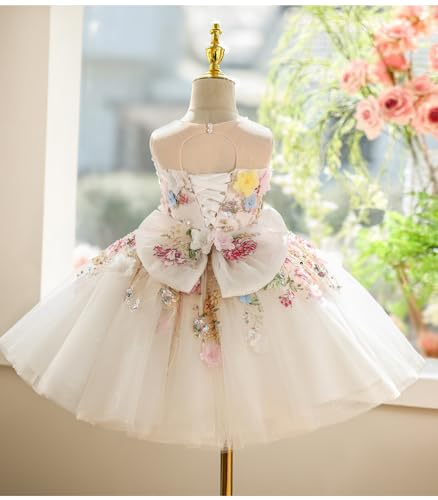 Charming Toddler Flower Girl Dress Floral Embroidered Tulle Bow for Kids Wedding 1st Birthday Party Short Ball Gown3