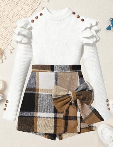 Image of Girls Clothes 2 Piece Ruffle Long Sleeve Shirt Top and Bow Plaid Skirt Set Girls Fall Winter Outfits 6-16 Years