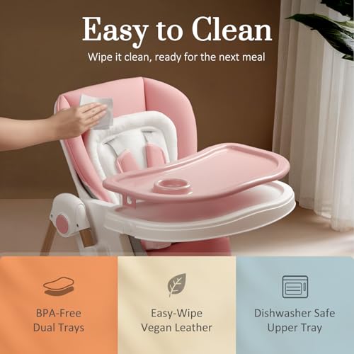 Image of Mallify Foldable High Chairs for Babies and Toddlers, 3-in-1 Convertible Baby High Chair with Removable Soft Cushion and Tray, Adjustable Height & Recline, Lockable Wheels, Pink