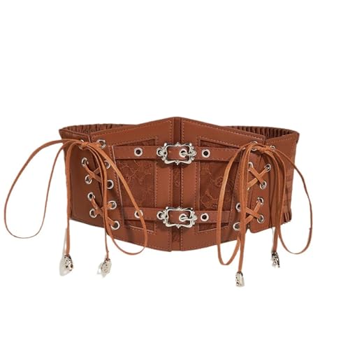 Women's Elastic Corset Belt Sides Lace-up Underbust Wide Costume Belts for Women Brown L