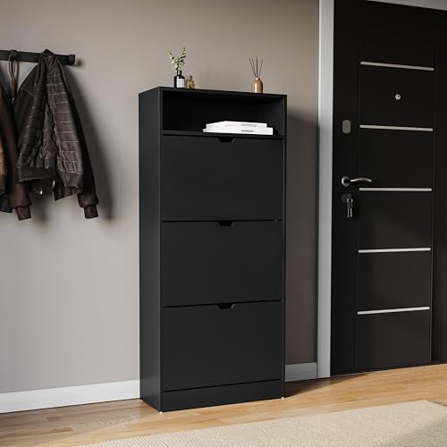 Vida Designs 3 Drawer Shoe Cabinet with Shelf | Black |Slim Space-Saving Storage for 15+ Pairs | 132H x 60W x 24D cm | Anti-Tip | Modern Hallway Unit