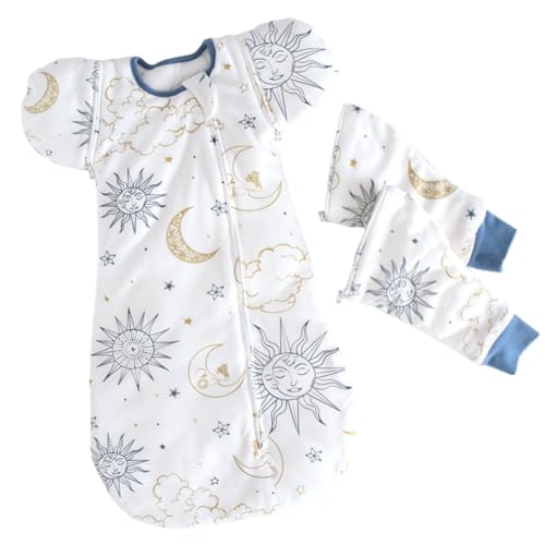 赤ちゃんおくるみ 新生児着くるみ ベビー スリーパー 冬 寝袋 綿100% 冬 夜泣き対策 モロー反射 厚手 ダブルジッパーでおむつ替え楽々 2種類袖 6-9ヶ月(星空太陽)
