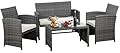JAMFLY 4 Piece Patio Furniture Set, Outdoor Furniture Set Patio Wicker Conversation Set with Cushions and Tempered Glass Tabletop for Lawn Backyard Pool Garden