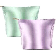 2 Pack Travel Cosmetic Bag, Fashion Stripes Makeup Bag Organizer, Portable Toiletry Bag Zipper Pouch for Women Green & Purple