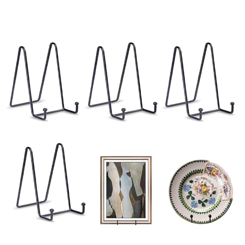 Kozdtiz Staffelei Aufsteller Teller, 4 Stück Eisen Staffelei, Dekoteller Halterung, Teller Ständer Metall, Deko Tellerhalter Fuer Teller Foto, Bücher, Bild, Bilderrahmen Schwarz (11 x 10 x 7.6 cm)
