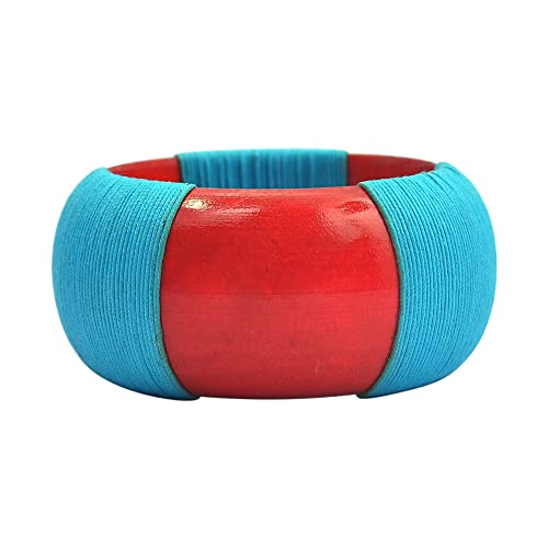 Gaiety Sutra - Handmade Natural Saffron Teak High Gloss Barberry Red Wood Bangle With Cyan Blue Thick Silken Yarn Wrapped In Three Arcs Packed In A Pure Cotton Designer Gift Bag For Girl & Women #TOP29