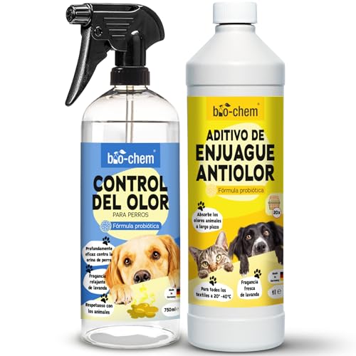 bio-chem - Lote de 2 productos para el control de olores - Absorbe olores de perros 1L - Aditivo para el aclarado de ropa blanca 1L - Ambientador para el hogar y los tejidos