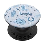 Adorable motif occidental esthétique en bleu pastel, bleu clair avec cheval, fer à cheval, cactus, lune, étoiles, chapeau de cowboy, bottes de cow-boy, style cowgirl et corde howdy!