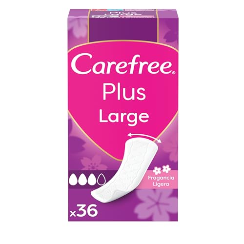 Carefree Plus Large de Fragancia Ligera Protegeslips (36 unidades), protege slips absorbentes y transpirables de uso diario, protege slips de tamaño grande con protección contra el mal olor