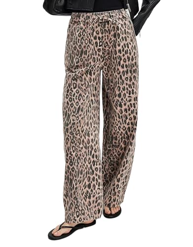 Kedera Women's Leopard Print Jeans Baggy Wide Leg Trousers Mid Rise Y2K Jeans Loose Elastic Waist Drawstring Pants