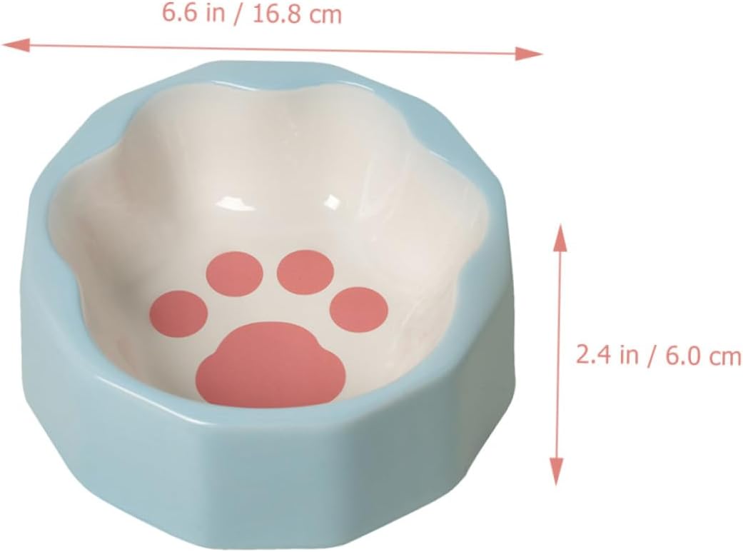 Ceramic Pet Feeder Bowl Slanted Dog and Cat Food Dish with Blue Animal Paw Print, Small Tilted Bowl for Indoor Feeding and Snacks