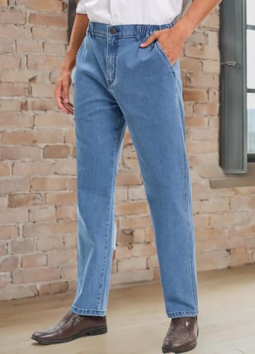 voeeron Mens Elastic Waist Jeans Relaxed Fit Men's Jeans with Elastic Waist with Zipper and Button, Light Washed, 42W x 28L