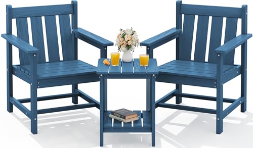 SEWRWALL 3 Pieces Patio Bistro Set, All Weather Adirondack Chair Set with Side Table, HDPE Material Outdoor Patio Furniture Set for Balcony, Porch, Garden, Backyard- Navy