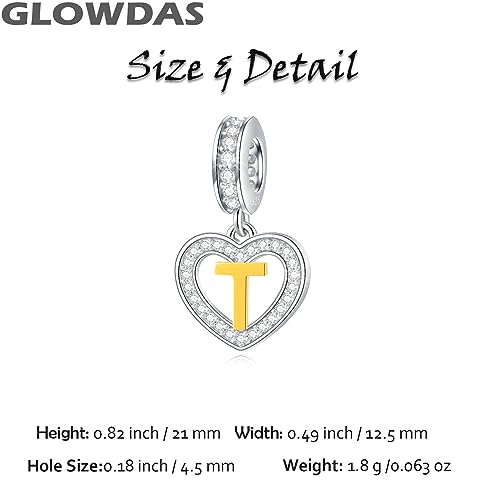 Image of GLOWDAS 18K Gold Plated Letter Charms Initial A to Z Necklace Pendant, 925 Sterling Silver CZ Heart Dangle Alphabet Beads fit European DIY Bracelet, Gifts for Valentiens /Christmas /Family