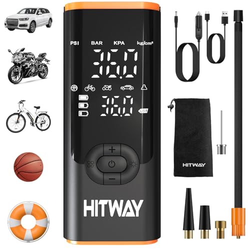 HITWAY Portable Electric Inflator Pump Supports up to 150PSI, fast inflation, suitable for car, motorcycle, bicycle tires and sports equipment, LCD display screen, USB charging, built-in LED light