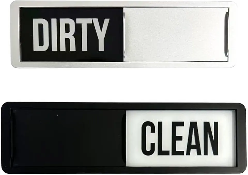 Placa de estado da máquina de lavar louça com indicador deslizante - Marcador magnético sujo/limpo em padrão de mármore preto branco prateado, ferramenta de organização de utensílios de cozinha para