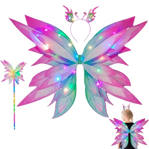 Disfraz de hada para niñas con alas de mariposa con luces LED y falda de doble capa para cosplay