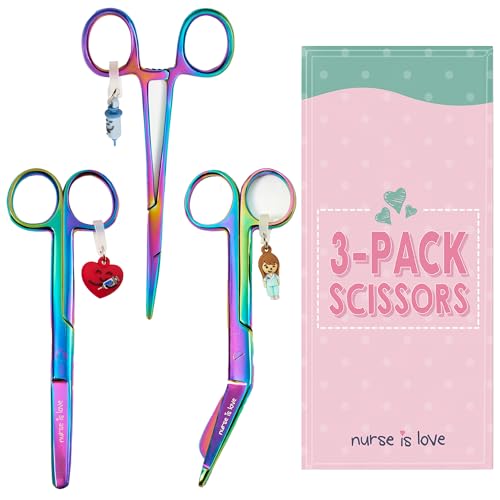 Nurse is Love 3uds Set Tijeras Enfermeria Pico de Pato + Rectas Mayo + Herramienta de Sujecion | Ideal para una Enfermera, TCAE | Color Cromium