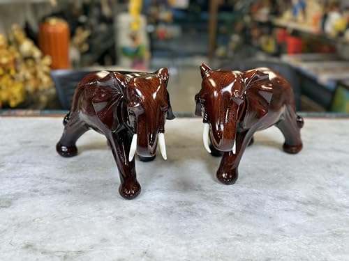 Image of Handcrafted Elephant Showpiece, Set of 2, Dark Mahogany Brown Finish, Traditional Home Decor
