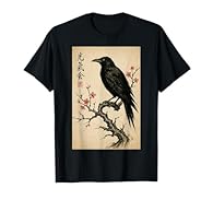 This artwork features a detailed black crow perched on a curved tree branch, illustrated in a Japanese-inspired ink style that highlights flowing brush strokes and natural contrast. Soft pink blossoms surround the bird, adding color and balance Ideal...