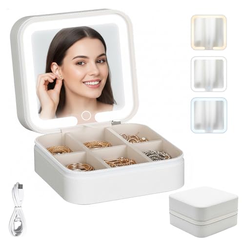ZHUOTHAN Small Jewelry Travel Case with LED Mirror, Mini Jewelry Box for Women, Portable Travel Jewelry Case Small for Rings Earrings Necklaces, Zippered Makeup Bag (White)