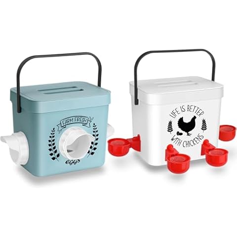 ‎Tgeyd Chicken Feeder and Chicken Waterer Set - Hanging Automatic Chicken Feeder No Waste - Chicken Coop Accessories - Poultry Waterer with 2 Gallon/10 Pounds Cover