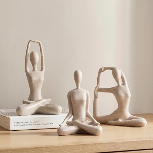 Ni-JASW Sandstone Yoga Figurines Set of 3 Resin Meditation Spiritual Zen Decor for Shelf Desk Table Room Gifts