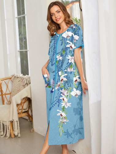 Image of Ekouaer Women Robe Zipper Short Sleeves Full Length House Coat with Pockets