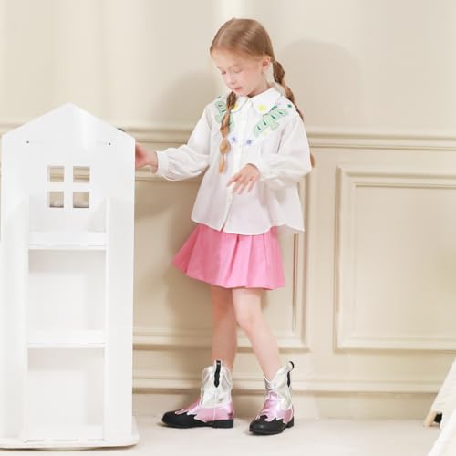 Kids Cowboy Boots Unisex Cowgirl Metallic Western Booties Round Toe Pull on Splicing Riding Ankle Boots for Boys/Girls3