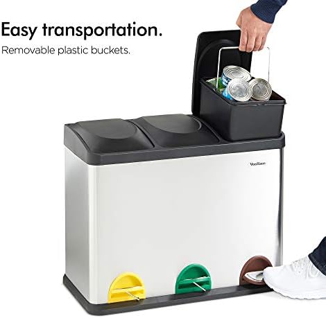 VonHaus Recycling Pedal Bin for Kitchen Waste - 45L Rubbish Capacity - 3 Colour Coded Recycle Compartments with Lids - Robust Metal Body with Stainless Steel Finish