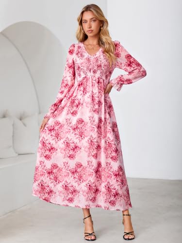 Simplee Womens Long Sleeve Boho Floral Wedding Guest Chiffon Maxi Dress,Pink XXL — view 2