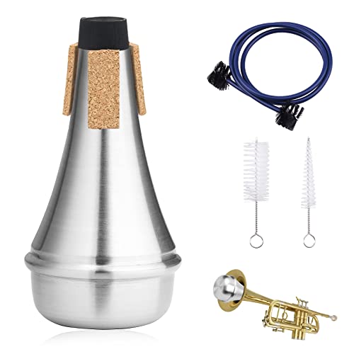 JNZLT Trompeten Dämpfer, Trompete Mute Tragbar Schalldämpfer aus Aluminium Musikinstrumentenzubehör mit 3 Reinigungsbürste Trompete für Alle Trompeten (Silber)