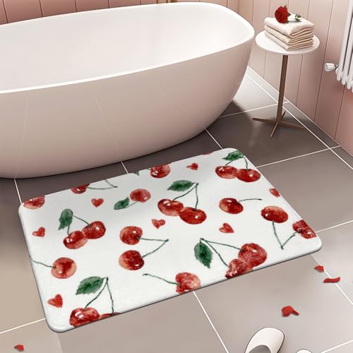 APROPHIC Cherry Cute Bath Mats for Bathroom Decor Non-Slip Absorbent Bathroom Rugs Fruit Fluffy Shower Rug for Bathtub Sink Washable 17x24 in Red