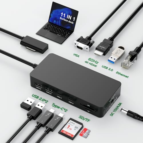 New Surface Dock, 11-in-1 Surface Pro Docking Station 4K@60HZ HDMI+VGA, Surface Docking Station for Surface Pro 11/10/9/8/X/7/6/5/4/3,Surface Laptop 6/5/4/3/2/1, Laptop Go 3/2/1,Surface Book