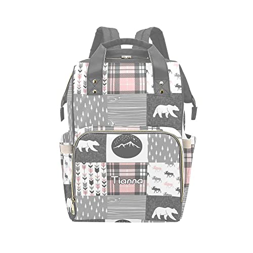 XOZOTY Woodland Bear Reindeer Plaid Diaper Bags with Name Waterproof Mummy Backpack Nappy Nursing Baby Bags Gifts Tote Bag for Women