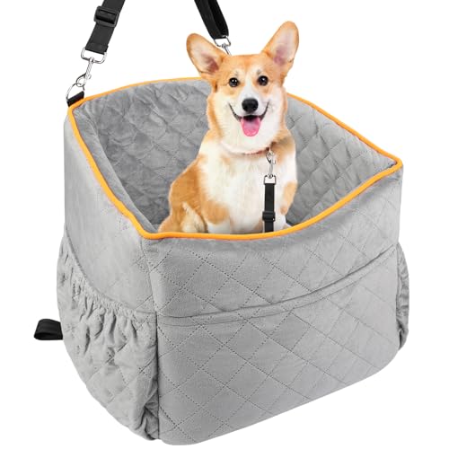 Vivifying Hunde Autositz für Kleine Hunde, Abnehmbare und Waschbare Hundesitzerhöhungen für Haustiere bis zu 11KG, erhöhtes Reisebett für das Auto mit Hundesitzgurten (Grau)