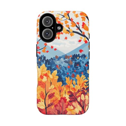Coque iPhone 16 orange motif arbres d'automne colorés et feuillage rigide mate