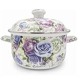 OLYTARU Enamel Stockpot with Lid, 2.5 Quart Retro Cooking Pot, Vintage Floral Stew Bean Simmer Pot with Handle, Kitchen Soup Pot