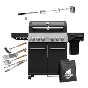 Feuergott Gasgrill Hektor 4B-S inkl. Drehspieß, Abdeckhaube - All Inclusive mit 4 Grill-Utensilien - 4 Brenner, Sear-Brenner, Gusseisenroste, Heckbrenner, Seitenkocher für Garten und Terrasse