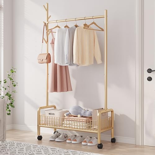 MYUPDALIN Rolling Metal Clothes Rack with Shelves & Storage Basket, Gold by MYUPDALIN - Used condition - US$33.56