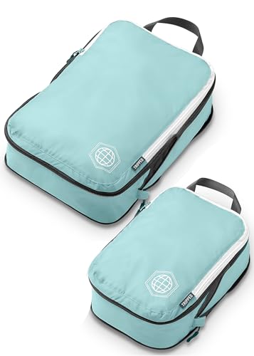TRIPPED Travel Gear Compression Packing Cubes for Travel- Packing Cubes and Travel Organizers, Dusty Teal and White, 2Piece