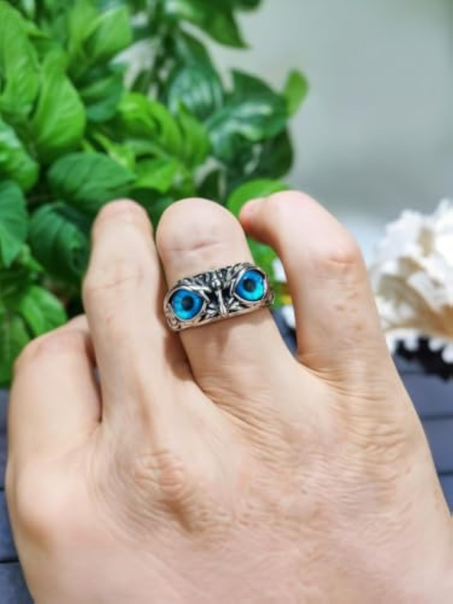 Gothic Blue Owl Eye Adjustable Ring, Stainless Steel