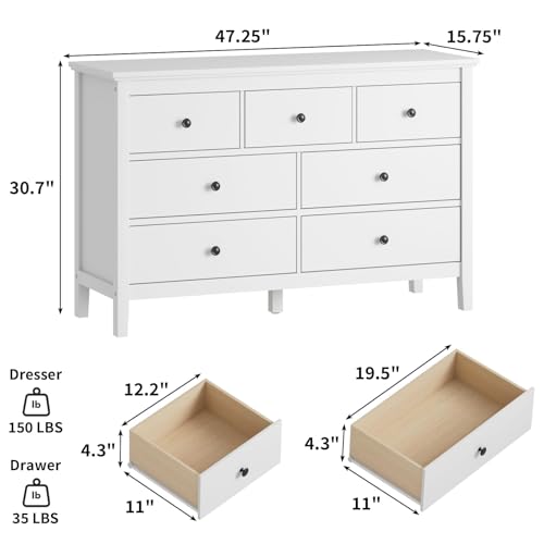 Image of CARPETNAL 47 inch White Dresser for Bedroom with 7 Drawer & Metal Handles