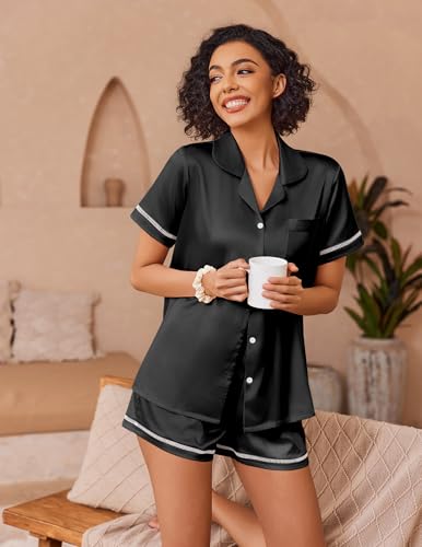 Image of Ekouaer Womens Silk Pajama Sets Button Up Satin Pjs Short Sleeve 2 Piece Pj Sets Cute Lounge Sets with Chest Pocket